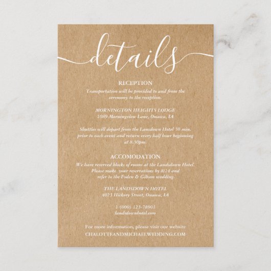 Carte D'accompagnement Script Rustic Kraft Détails du Mariage Information (Devant)