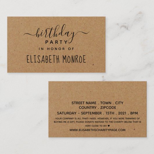 Carte D'accompagnement Script rustique, billet pour la fête d'anniversair (Devant / Derrière)