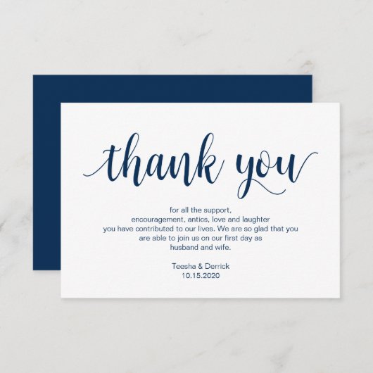 Carte D'accompagnement Script rustique, bleu marine, Merci Mariage (Devant / Derrière)
