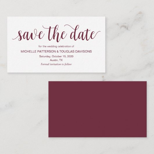Carte D'accompagnement Script rustique, Bourgogne, Mariage Enregistrer la (Devant / Derrière)