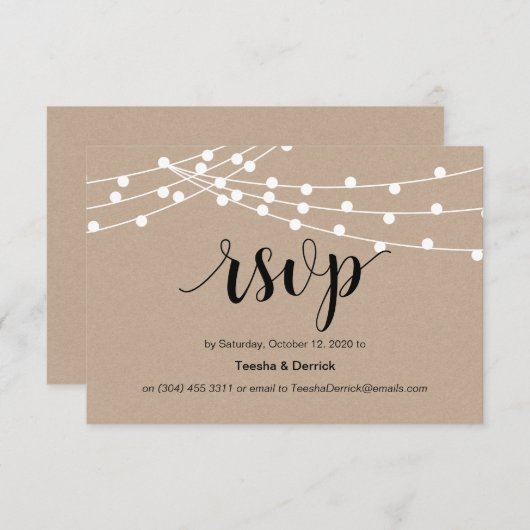 Carte D'accompagnement Script rustique, kraft, lumières à cordes, Mariage (Devant / Derrière)