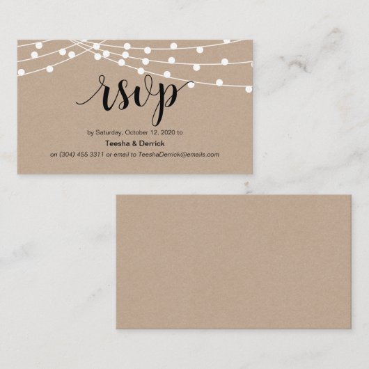 Carte D'accompagnement Script rustique, kraft, lumières à cordes, Mariage (Devant / Derrière)