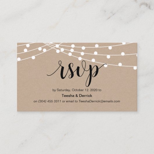 Carte D'accompagnement Script rustique, kraft, lumières à cordes, Mariage (Devant)