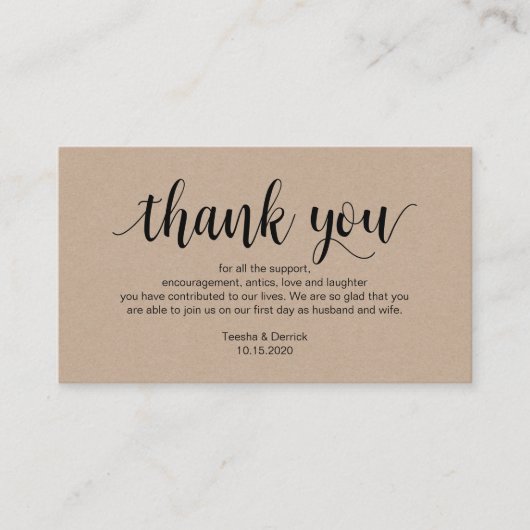 Carte D'accompagnement Script rustique, kraft, noir, Merci Mariage (Devant)