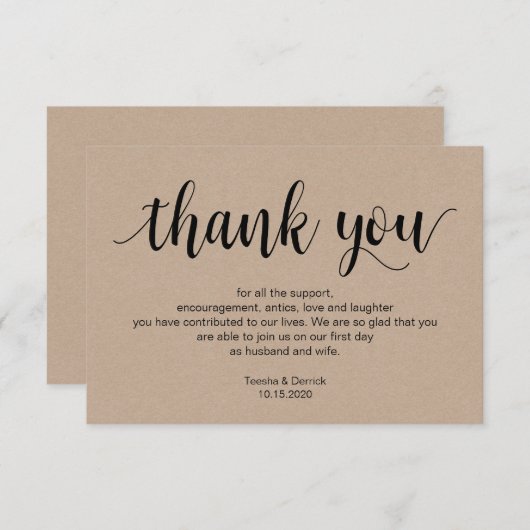 Carte D'accompagnement Script rustique, kraft, noir, Merci Mariage (Devant / Derrière)