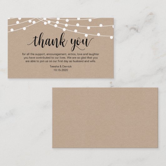 Carte D'accompagnement Script rustique, lumière à chaîne, Merci Mariage (Devant / Derrière)