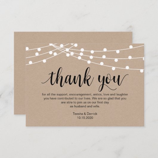 Carte D'accompagnement Script rustique, lumière à chaîne, Merci Mariage (Devant / Derrière)