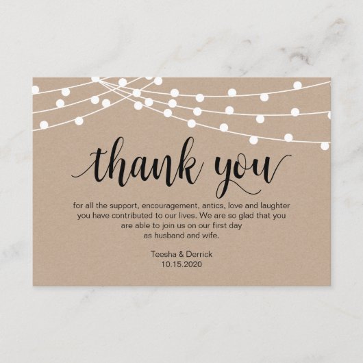 Carte D'accompagnement Script rustique, lumière à chaîne, Merci Mariage (Devant)