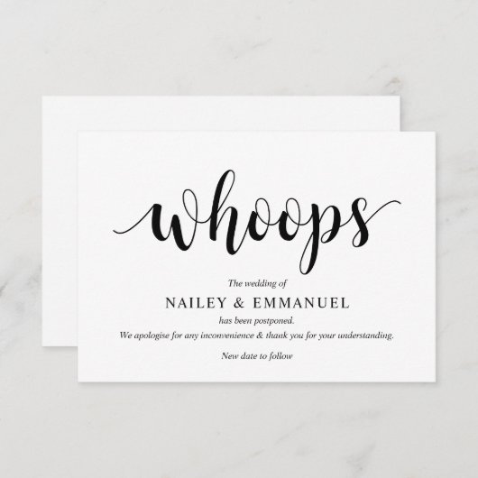 Carte D'accompagnement Script rustique, Noir, Mariage, Repostpone, modifi (Devant / Derrière)