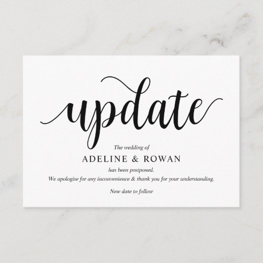 Carte D'accompagnement Script rustique, noir, report Mariage, modifiable (Devant)