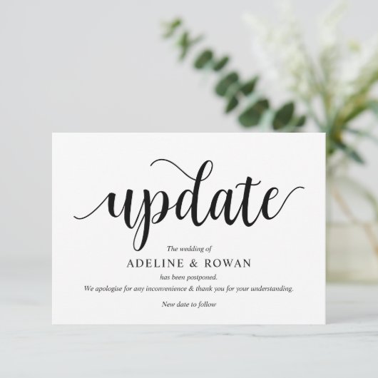 Carte D'accompagnement Script rustique, noir, report Mariage, modifiable (Debout devant)