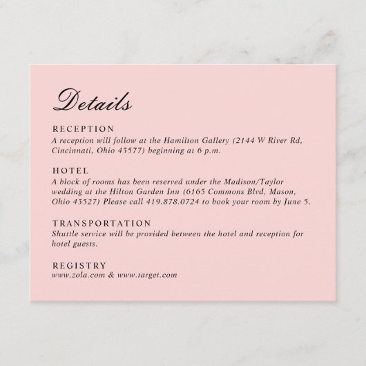 Carte D'accompagnement Script simple Joli Mariage rose (Devant)