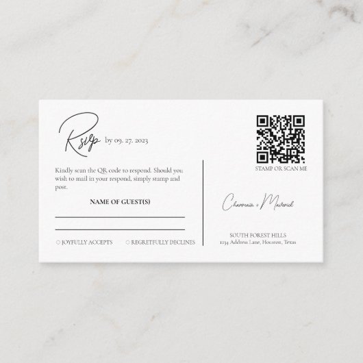 Carte D'accompagnement Scripts modernes Simple Clean Rsvp Mariage code QR (Devant)
