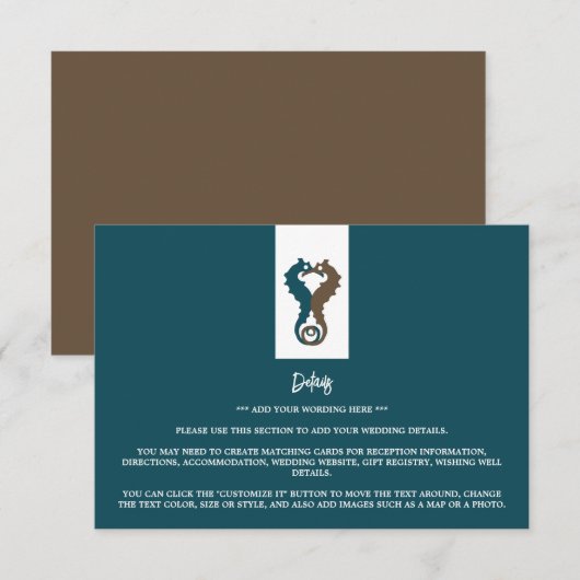 Carte D'accompagnement Seahorse Romance, Beach Wedding Détail (Devant / Derrière)