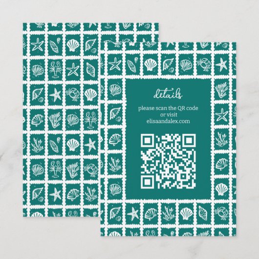 Carte D'accompagnement Seashell Grid Beach Wedding Code QR PERSONNALISÉ (Devant / Derrière)