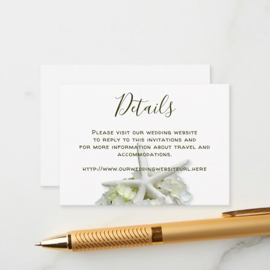 Carte D'accompagnement Seaside Garden White Mariage Détails du site web (Devant/Arrière en situation)