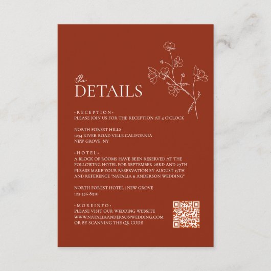 Carte D'accompagnement Sienna Terracotta Floral Qr code Mariage Détails (Devant)