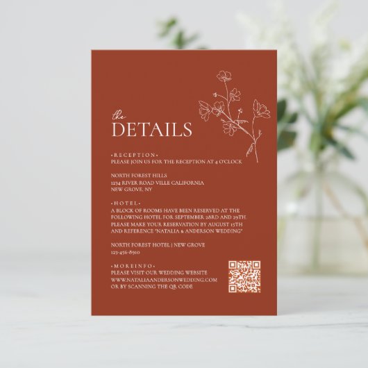 Carte D'accompagnement Sienna Terracotta Floral Qr code Mariage Détails (Debout devant)