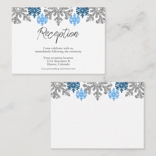 Carte D'accompagnement Silver Blue Snowflakes Réception de mariage d'hive (Devant / Derrière)