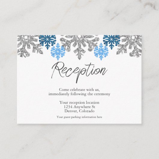 Carte D'accompagnement Silver Blue Snowflakes Réception de mariage d'hive (Devant)