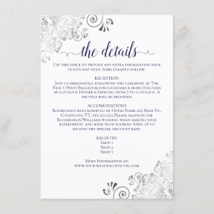 Carte D'accompagnement Silver Frills Navy Blue sur White Mariage Détails