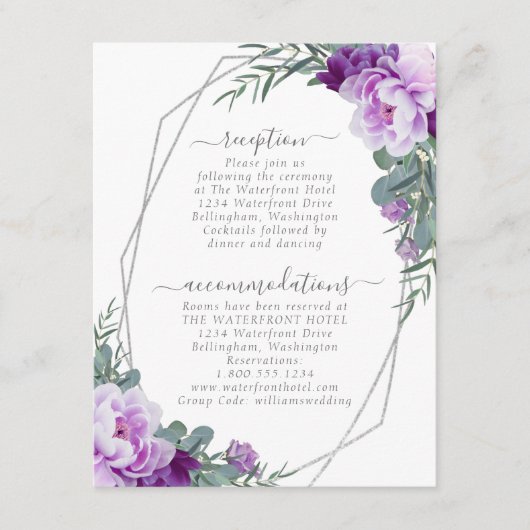Carte D'accompagnement Silver & Purple Elegant Floral Détails du Mariage (Devant)