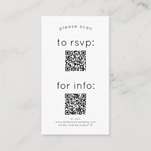 Carte D'accompagnement Simple 2 QR Codes RSVP et détails Mariage (Devant)