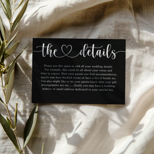 Carte D'accompagnement Simple Black & White Heart Wedding Details