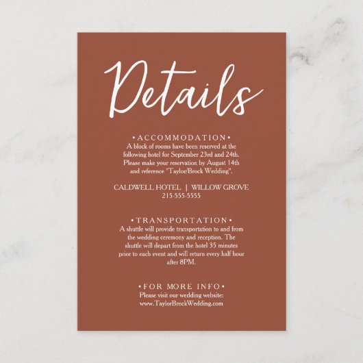 Carte D'accompagnement Simple Burange Script Boho Détails du Mariage (Devant)