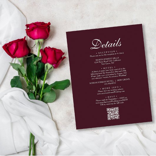 Carte D'accompagnement Simple Chic Burgundy Red QR Code Détails du Mariag