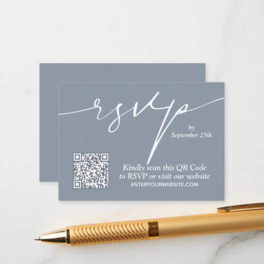 Carte D'accompagnement Simple chic Dusty bleu QR Code Mariage (Devant/Arrière en situation)