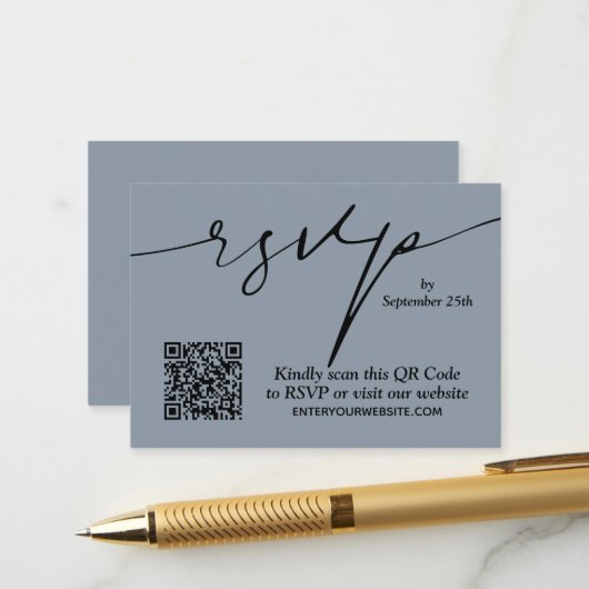 Carte D'accompagnement Simple chic Dusty bleu QR Code Mariage (Devant/Arrière en situation)