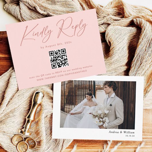 Carte D'accompagnement Simple élégant Blush rose QR Code Mariage RSVP