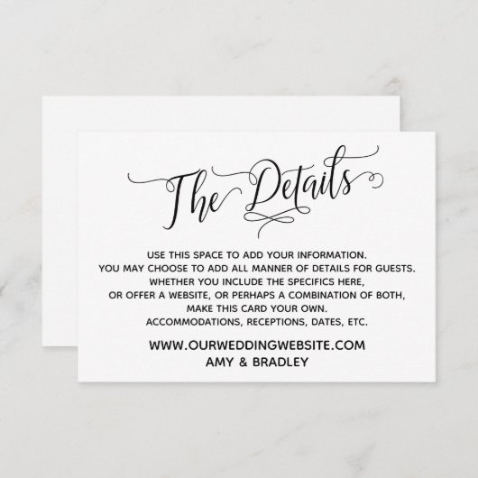Carte D'accompagnement Simple, élégant noir et blanc "The Details" (Devant / Derrière)