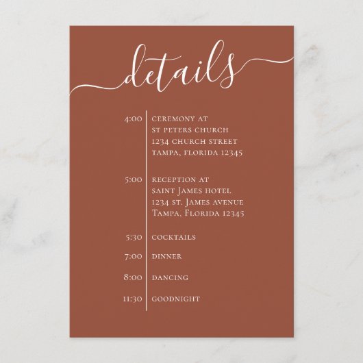 Carte D'accompagnement Simple Mariage Timeline Terracotta QR Code détail (Devant)