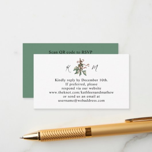 Carte D'accompagnement Simple Mistletoe Holiday QR Code RSVP (Devant/Arrière en situation)