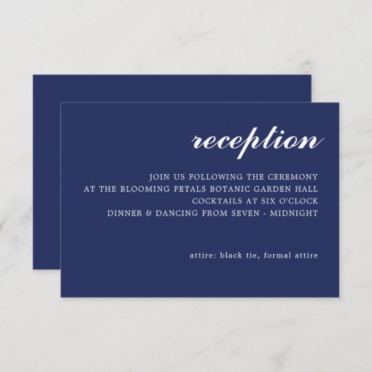 Carte D'accompagnement Simple moderne Script mariage Réception Marine Ble (Devant / Derrière)