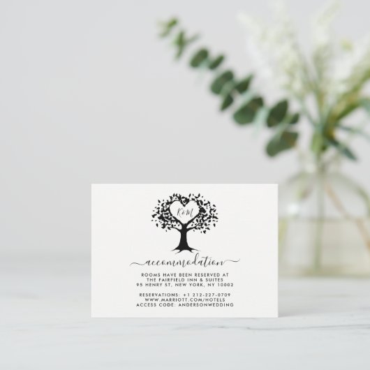 Carte D'accompagnement Simple Monogramme Coeur Arbre Mariage Noir & Blanc (Debout devant)