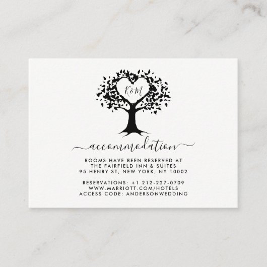 Carte D'accompagnement Simple Monogramme Coeur Arbre Mariage Noir & Blanc (Devant)