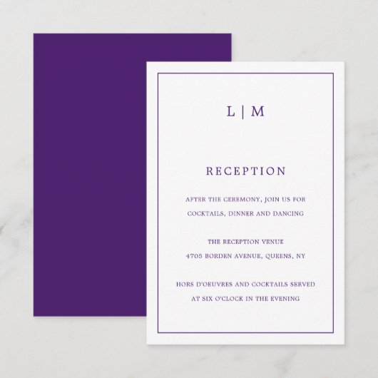 Carte D'accompagnement Simple Monogramme Violet Élégant Mariage (Devant / Derrière)