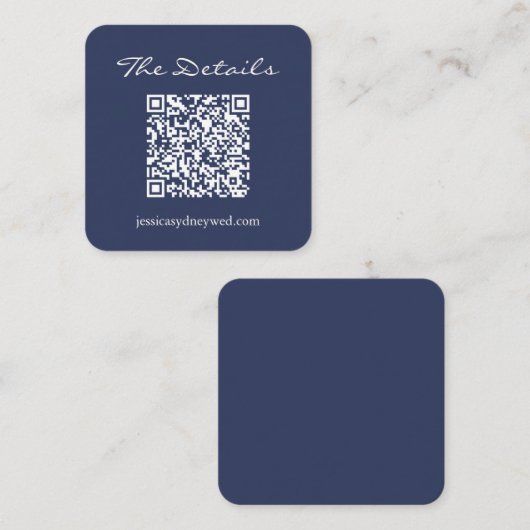Carte D'accompagnement Simple Navy Blue Script Mariage Détails QR Code (Devant / Derrière)