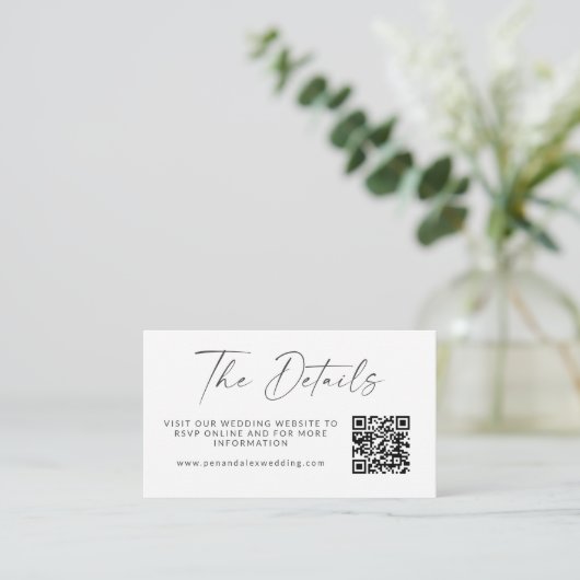 Carte D'accompagnement Simple noir blanc moderne Mariage de script QR Cod (Debout devant)