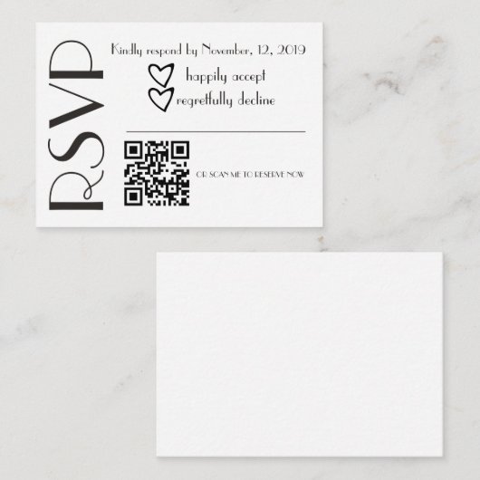 Carte D'accompagnement Simple RSVP Black White Heart Wedding QR Code (Devant / Derrière)