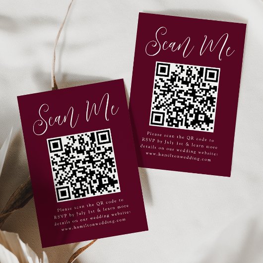 Carte D'accompagnement Simple Script Bourgogne Code QR RSVP Mariage