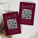 Carte D'accompagnement Simple Script Bourgogne QR Code Mariage RSVP<br><div class="desc">Faites en sorte qu'il soit facile pour les invités de RSVP à votre mariage ou événement avec ces cartes RSVP de mariage modernes avec code QR. Les élégantes cartes d'enceinte de mariage affichent "Scan Me" dans un script blanc fantaisiste avec un arrière - plan bordeaux. Personnalisez la carte avec votre...</div>