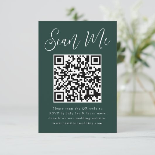 Carte D'accompagnement Simple Script Green Photo QR Code Mariage RSVP (Debout devant)