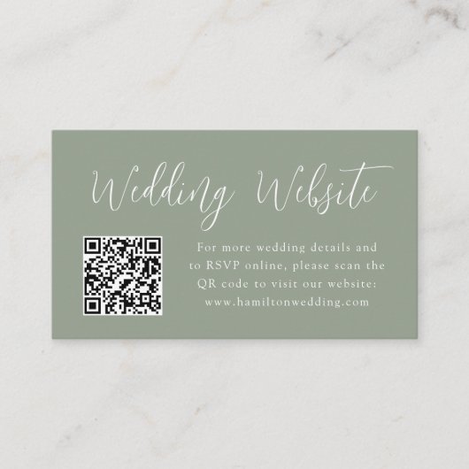 Carte D'accompagnement Simple Script Sage Green Mariage Website QR Code (Devant)