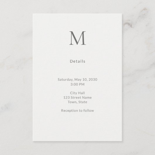 Carte D'accompagnement Single Initial Civil Wedding Details Card (Devant)