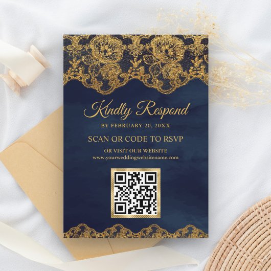 Carte D'accompagnement Site Mariage de Blue Gold Foil Lace QR Code RSVP