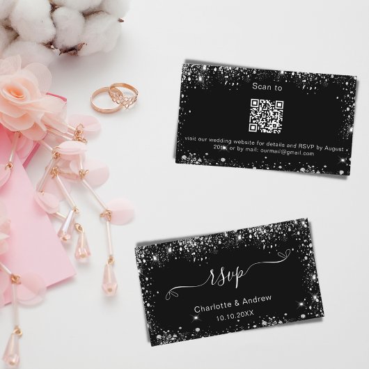 Carte D'accompagnement Site mariage en argent noir RSVP QR code
